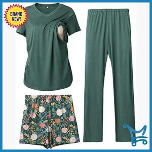 Maternity Nursing Pajama Set with Pockets, V-Neck Top, Shorts & Pants